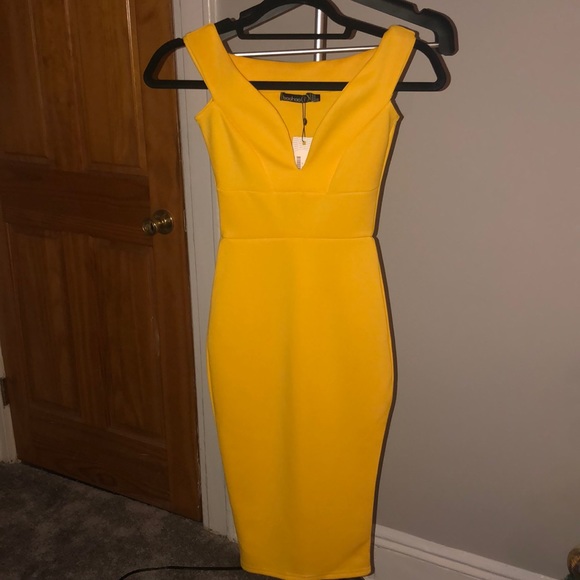 Boohoo Petite Dresses & Skirts - Yellow off the shoulder Boohoo dress